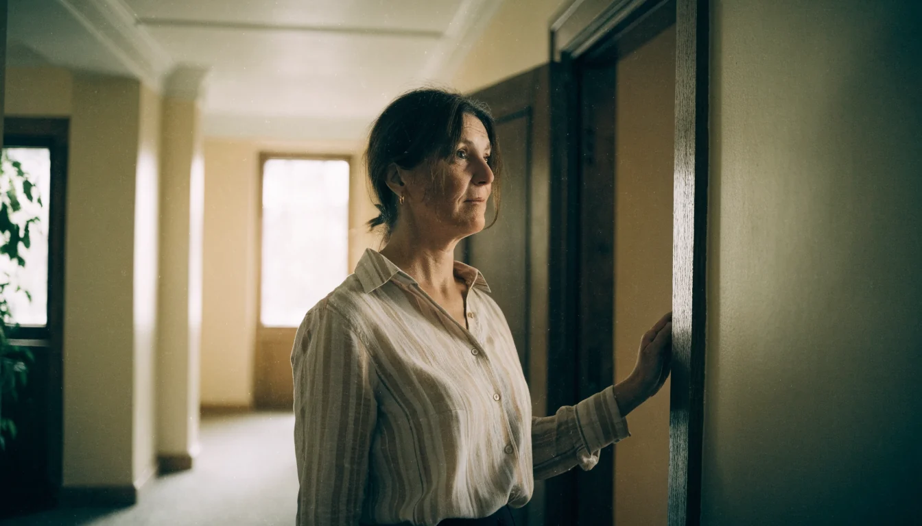 Nő megáll az ajtóban, mielőtt belépne egy folyosón